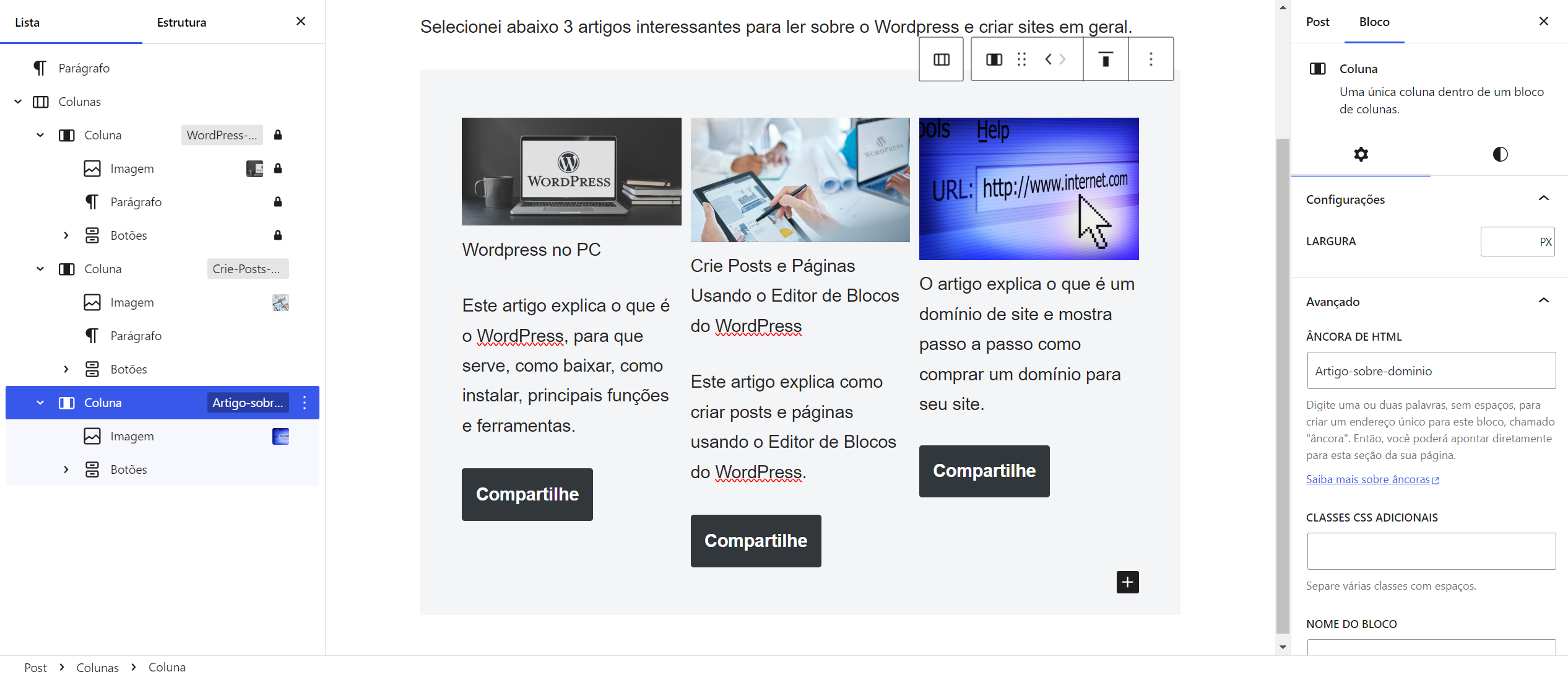 Nomear Coluna com Ancora HTML - Utilizando a Visualização de Lista no Editor de Bloco WordPress - Neste artigo, vamos explorar todas as funcionalidades da visualização de lista, incluindo navegação, reordenação de blocos, acesso a configurações adicionais, e uso do bloqueio de blocos.