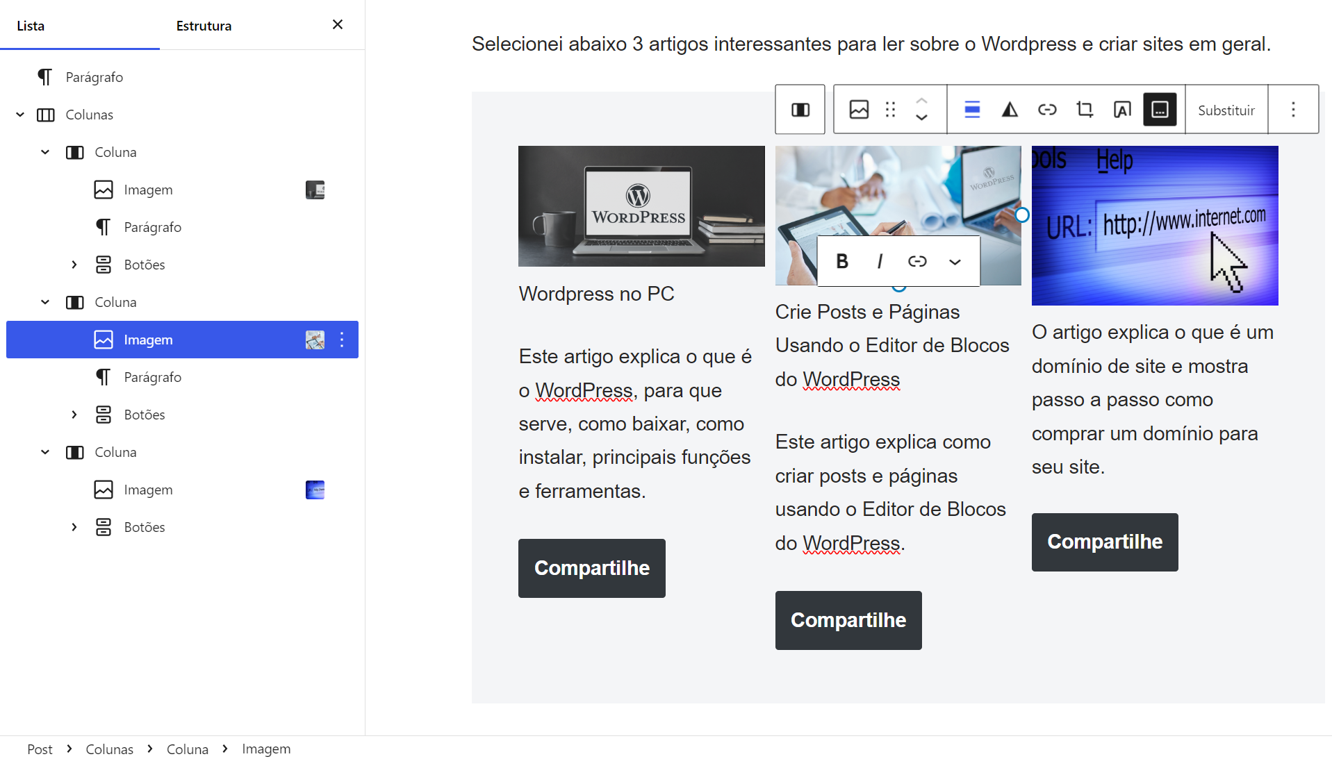 Selecao da Imagem Bloco 2 - Utilizando a Visualização de Lista no Editor de Bloco WordPress - Neste artigo, vamos explorar todas as funcionalidades da visualização de lista, incluindo navegação, reordenação de blocos, acesso a configurações adicionais, e uso do bloqueio de blocos.